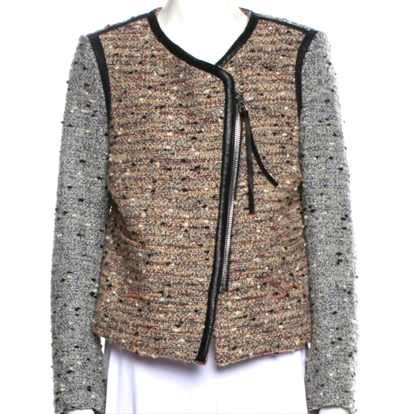 Sandro Tweed Boucle Leather Trim Collarless Moto Jacket - Picture 1 of 13